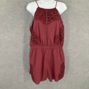 American Eagle‎ Outfitters Romper Sz L Halter Red Lace Trim Feminine Festival
